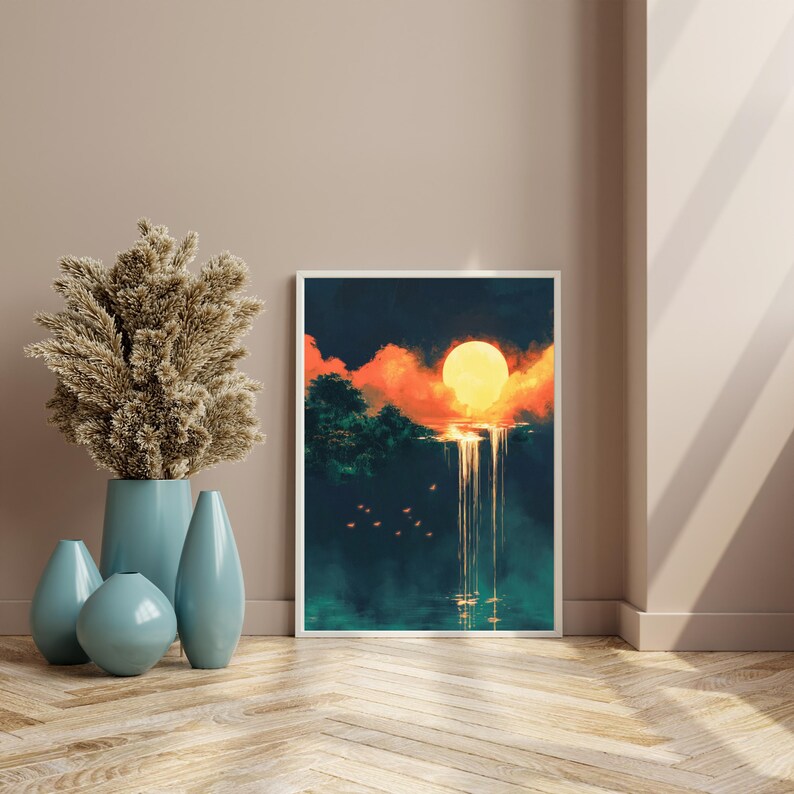 May include: A digital art print featuring a large, bright orange sun setting behind a waterfall in a dark forest. The sun is partially obscured by clouds and the waterfall flows down into a dark blue lake.