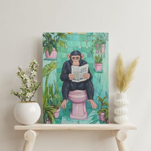 Funny Bathroom Wall Art, Hilarious Chimp Wall Art for Animal Lovers, Quirky Monkey Canvas Art for Fun Bathroom Decor
