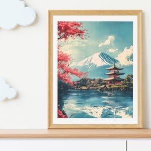 Mount Fuji Canvas, Retro Japanese Art with Cherry Blossom Details, Beautiful Mount Fuji Art Print for Wall Decor