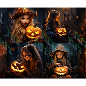 Halloween Print Bundle: 8 Pictures with Young Girl & Jack O&#39;Lantern