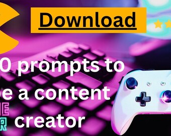 May include: A white gaming controller with black buttons and a pink light on the joystick. The controller is on a purple keyboard with the text "100 prompts to be a content creator" and "GAME OVER" in neon colors. The image also includes a yellow Pac-Man character and a yellow banner with the text "Download" and five stars.