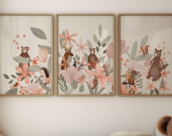 Wildflower Nursery Decor with Woodland Animals, Whimsical Nursery Art Prints, Flower Art Prints, Floral Wall Decor for Baby Girl Nursery