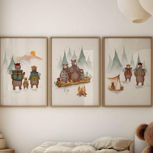 Set of Three Bear Adventure Art Prints, Camping Art Prints For Kids Room, Adventure Nursery Decor, Bear Family Camping Wall Decor