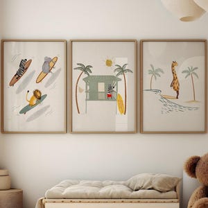 Set of Three Surfing Art Prints For Children, Surf Art Prints, Surfing Nursery Decor, Beach Life Decor, Animal Surfing Illustrations