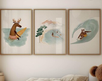 Juego de tres láminas de surf para niños, decoración infantil oceánica, ilustraciones de animales surferos, arte mural de surf