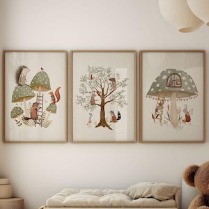 Set of Three Whimsical Art Prints, Woodland Animals Wall Art For Kids, Sage Green Nursery Wall Art, Tree & Mushroom Print Nursery