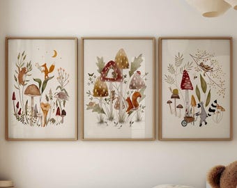 Woodland Animals Nursery Art,  Set of 3 Mushroom Themed Art Prints for Children's Rooms, Whimsical Forest Animal Art Prints