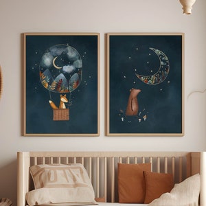 Juego de 2 pósteres infantiles, decoración infantil con cielo nocturno de ensueño, láminas artísticas de zorro y oso, decoración de pared de animales para niños
