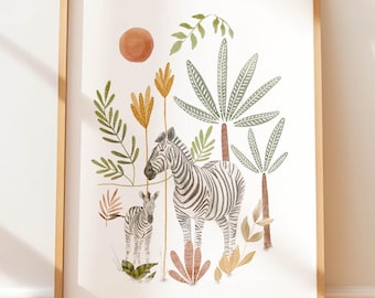 Arte de pared de cebra, decoración de guardería de safari, estampado bohemio de jungla, habitación infantil de género neutro, ilustración de cebra y potro, arte botánico animal