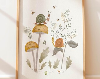 Snail on Mushroom Art Print, Woodland Nursery Decor, Botanical Illustration For Children, Whimsical Kids Wall Art, Whimsical Mushroom Print