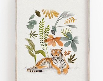 Bengal Tiger Jungle Nursery Art Print, Tropical Rainforest Illustration for Kids Room