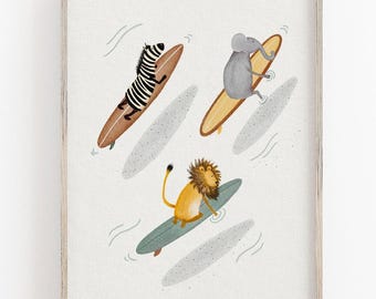 Surfing Animals Art Print, Nursery Surf Illustration, Children's Coastal Decor