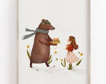 Bear and Girl Illustration, Whimsical Nursery Art Print, Kids Wall Decor