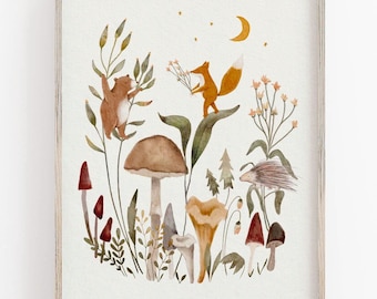 Whimsical Forest Art Print For Children, Woodland Nursery Art, Whimsical Art Print, Wild Mushrooms Illustration With Forest Animals