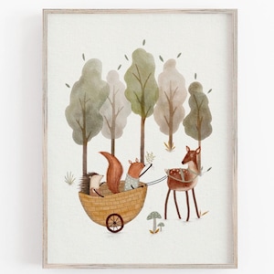 Kinderposter der Waldtiere, Märchenbuchillustration, Waldkinderzimmerdekor, Waldwandkunst für Kinder