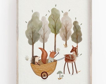 Woodland Animal's Children's Poster, Storybook Illustration, Forest Nursery Decor, Woodland Wall Art For Kids