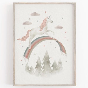 Unicorn And Rainbow Art Print, Magical Unicorn Print, Girl&#39;s Unicorn Decor, Fantasy Wall Decor For kids, Baby Girl Unicorn Art