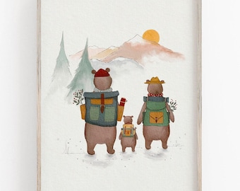 Bear Adventure Art Print, Whimsical Bear Print, Hand Painted Hiking Bears Illustration, Adventure Wall Decor, Adventure Room Decor