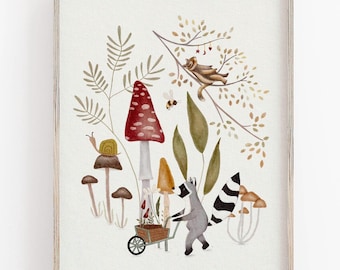 Wald Kunstdruck für Kinder, Pilz Illustration, Wald Kinderzimmer Kunst, Märchenbuch Stil Dekor
