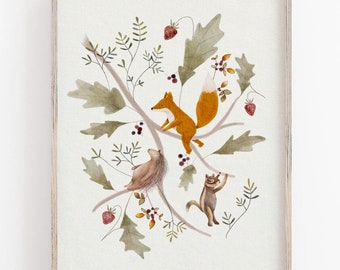 Watercolor Woodland Animals Art Print: Whimsical Nursery Decor