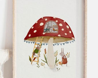 Whimsical Mushroom Art Print For Children, Rabbit Art Print, Kids Woodland Wall Art, Hand Painted Bunny Nursery Wall Decor