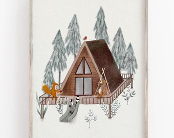 Forest Animals Kids Art Print - Whimsical Woodland Cabin Scene