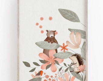 Woodland Bear Nursery Art Print: Dusky Pink & Sage Green Decor