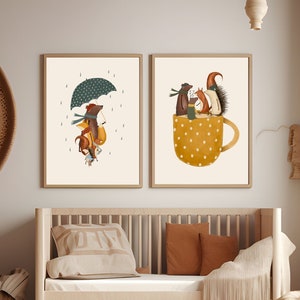 Juego de 2 pósteres infantiles, láminas de animales para guardería, decoración infantil original, ideas para decorar habitaciones infantiles, ilustraciones de animales