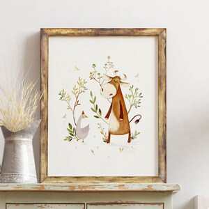 Cow & Goose Illustration, Farm Animals Nursery Decor, Hand Painted Animals Art Print, Cottagecore Room Decor, Nature Wall Art For Children