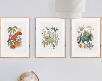 Dinosaur Art Prints Set: Watercolor Kids Room Decor