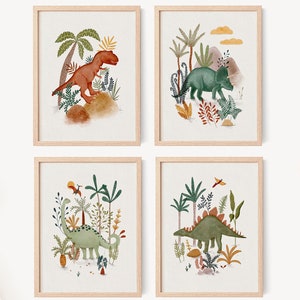 Set of 4 Dinosaur Prints, Dinosaur Boy Wall Art, Dinosaur Nursery Decor, Boys Room Wall Art, Kids Dinosaur Poster, Playroom Art