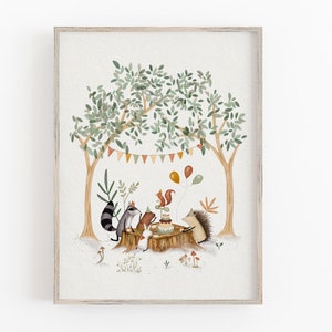 Woodland Animals Picnic Nursery Art Print, Baby Boy Nursery Decor, Tree Decor Nursery, Animal Tea Party Art Prints, Nursery Art Baby Girl