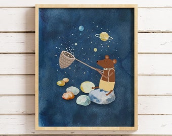 Bear Nursery Art Print, Navy Blue Nursery Art Print, Night Sky Art for Baby Boy, Moon and Stars Decor