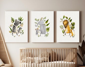 Safari Animal Canvas Prints: Nursery Wall Art, Set of 3