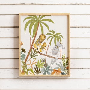 Nursery Art Print with Lions and Elephants Trekking through the Jungle, Adventure Pictures For Kids Room, Safari Nursery Decor Wall Art