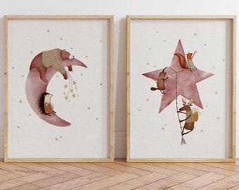 Moon & Star Art Prints: Whimsical Nursery Decor Set