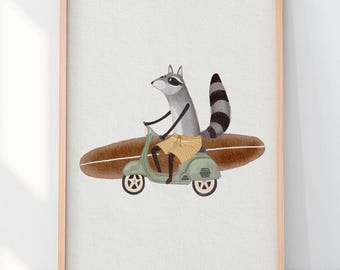 Racoon Surf Motorbike Illustration, Whimsical Wall Art, Animal Nursery Decor, Surfing Room Decor