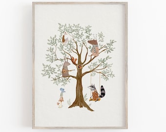 Stampa artistica di un albero bizzarro, stampe di animali del bosco per la cameretta dei bambini, decorazioni stravaganti per la cameretta dei bambini, stampe a tema foresta per la cameretta dei bambini, regalo per neonati