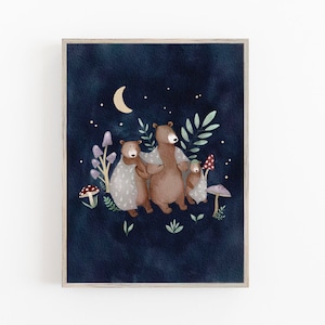 Impresión artística de una familia de osos caprichosos, arte mural de osos del bosque, decoración natural para guardería, arte pintado a mano con hongos y osos en el bosque