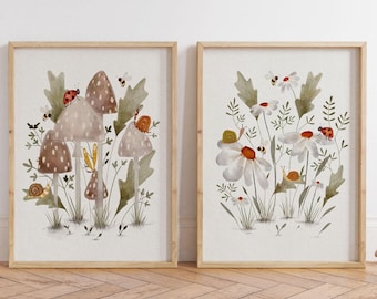 Mushroom & Daisy Nursery Art Prints: Watercolor Wildlife Set