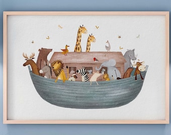 Noah's Ark Watercolor Print, Christian Art for Children, Baby Boy Nursery Artwork, Kids Room Decor