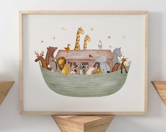 Noah&#39;s Ark Art Print, Sage Green Nursery Decor, Hand Painted Animal Art Prints, Noah&#39;s Art Christian Art Print