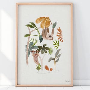 Sloths In Jungle Art Print, Watercolor Sloth Painting, Jungle Wall Decor, Botanical Jungle Art Print