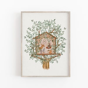 Whimsical Woodland Treehouse Illustration For Children, Forest Wall Decor, Woodland Animal Nursery Decor