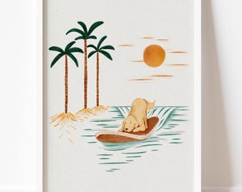 Surfender Labrador Kunstdruck - Strand Hund Wanddekoration, Boho Surf Poster