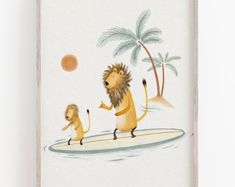 Lion Surfing Art Print, Surf Art Nursery, Beach Decor For Children, Hand Painted Illustration, Surfing Wall Decor