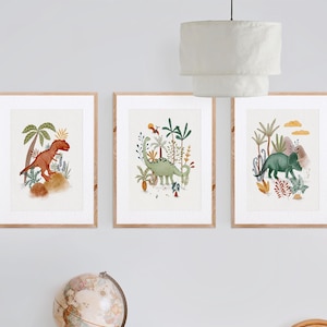 3er Set Dinosaurier-Kunstdrucke, Dinosaurier-Dekor, Jungenzimmer-Wandkunst, Kunst für Kinderzimmer, lustige Spielzimmerdrucke, Dinosauriergemälde für Jungen