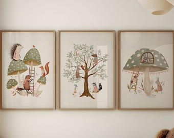 Whimsical Woodland Nursery Art Prints, Woodland Nursery Decor, Forest Animals Nursery Artwork, Natural Wall Decor for Children
