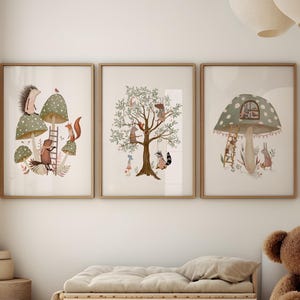 Whimsical Woodland Nursery Art Prints, Woodland Nursery Decor, Pink & Sage Green, Natural Wall Decor for Children