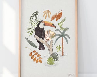 Jungle Nursery Decor, Toucan Wall Art Print, Rainforest Art Print, Toucan Illustration for Kids Room, Toucan Painting Print